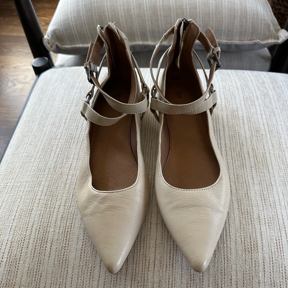 Frye Cream Leather Flats with Double Ankle Straps